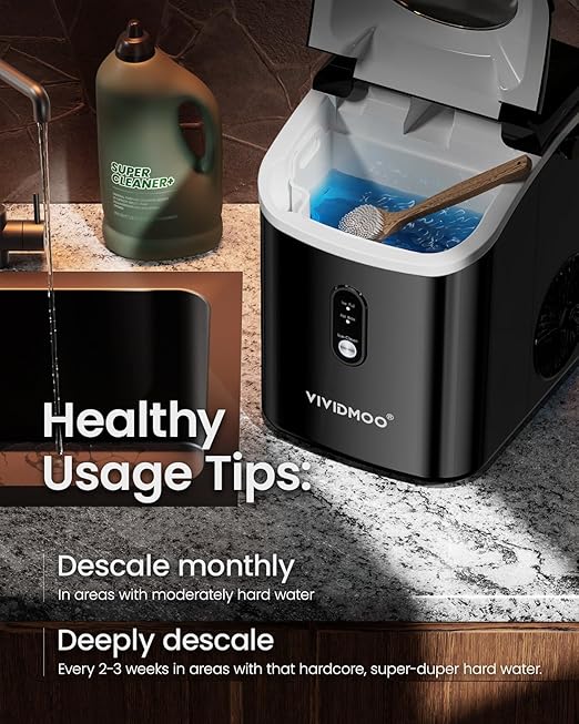 VIVIDMOO Nugget Ice Maker Countertop, 34lbs/Day, Portable Sonic Pebble Ice Maker with Self-Cleaning, Fast Ice in 6 Mins, Compact Crushed Pellet Ice Machine for Home/Office/Kitchen/RV/Camping, Black