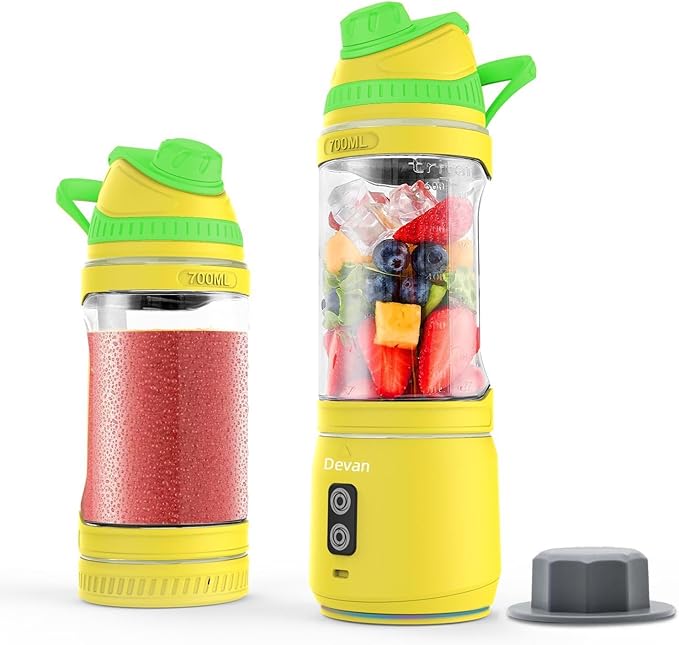 Portable Blender, Anti-Jamming 300 Watt for Shakes and Smoothies, 24oz Travel Blender USB Rechargeable, BPA Free Sporty bottle with a Travel Lid.(Yellow Base Green Lid)