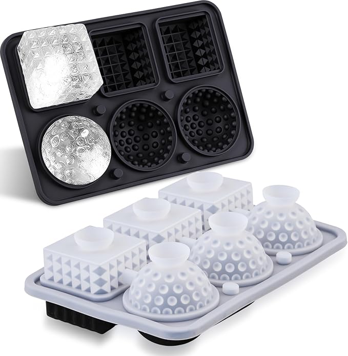 Hoolerry 2 Pcs 3D Golf Gifts Silicone Ice Cube Tray 2.2'' Fun Shape Large Silicone Ice Cube Molds 3 Big Crystal Cubes 3 Sphere Golf Mold 6 Holes with Funnel for Whiskey Cocktails Christmas Party