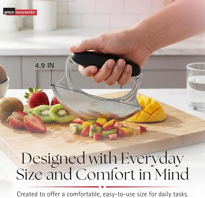 Amco 4.9" Mezzaluna with Silicone Handle (3 Pack) - Stainless Steel Blade, Versatile Chopping Tool for All Kitchen Needs - Non-Slip Grip, Easy to Use & Comfortable to Hold, Dishwasher Safe