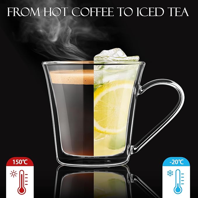 Joeyan 12oz Double Walled Glass Coffee Mugs, Clear Insulated Glass Coffee Cups with Curved Handle, Wide Mouth Latte Cappuccino Espresso Mugs for Hot/Cold Drinks, Iced Coffee, Tea, Cocktails, Set of 2