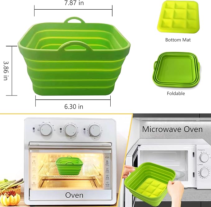 Air Fryer Liners Silicone Basket Reusable Air Fryer Pots for 5-9QT Air Fryer Foldable Easy to Clean Oven Accessories Green 7.87 Inch