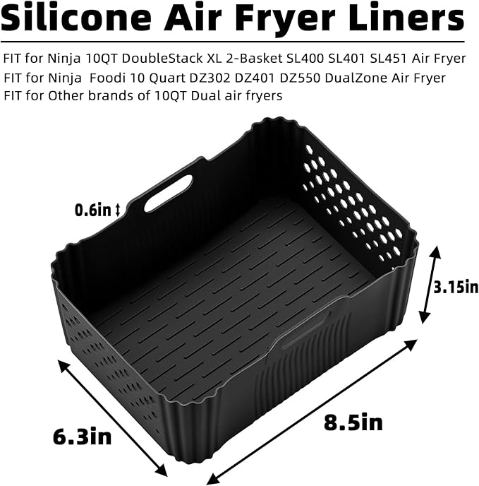 Silicone Air Fryer Liners for Ninja 10QT DoubleStack XL 2-Basket SL401 SL400 SL451 Airfryer,2PCS Reusable Rectangle Perforated Silicone Liners for Ninja DZ302 DZ401 DZ550 Dual Air Fryer Accessories