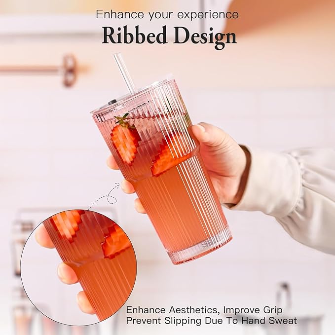 6PCS Pink Ribbed Glass Cups with Lids and Straws, 20oz Vintage Drinking Glasses, Aesthetic Iced Coffee Cups, Glass Tumbler for Boba, Beer, Tea, Cocktails, Ribbed Glassware Set (Pink-6)