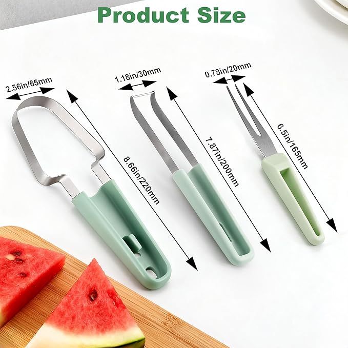 Watermelon Cutter Slicer Tool 3 in 1, Stainless Steel Melon Slicer & Fruit Cutter for Watermelon, Cantaloupe, Mango, Kitchen Gadget for Family, Camping, Picnic