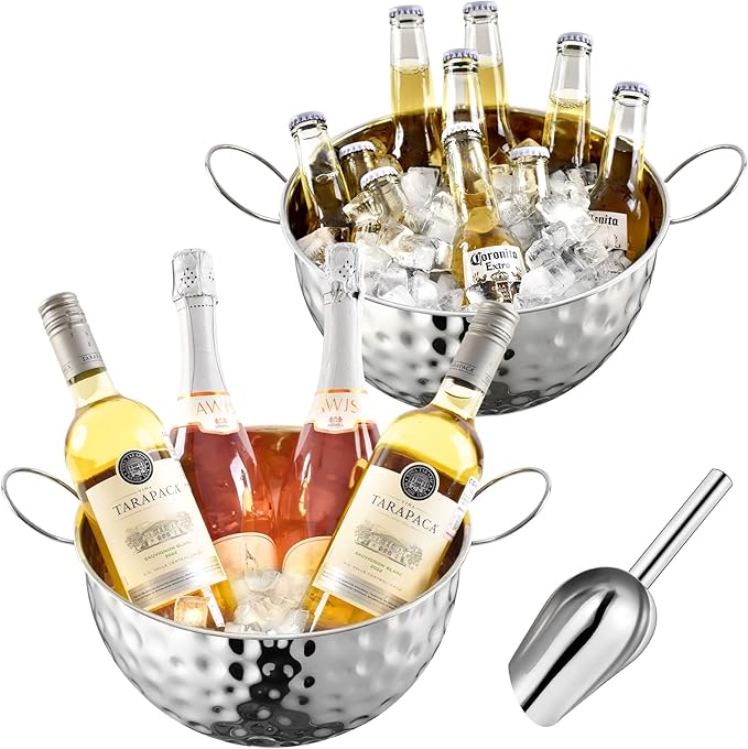 Ice Bucket of 2 Pack, 7L (10.3 * 10.3 * 5.9in) Large Ice Buckets for Parties,Metal Beverage Tub,Wine Bucket with Scoop,Champagne Bucket,Large Ice Buckets for Wine,Beer, Bottle Drinks, Dishwasher Safe