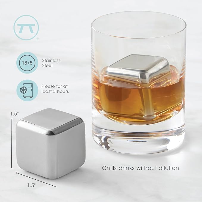 Outset Stainless Steel Ice Cubes, Set of 2 Reusable Metal Whiskey Stones with Store Box, 1.57"