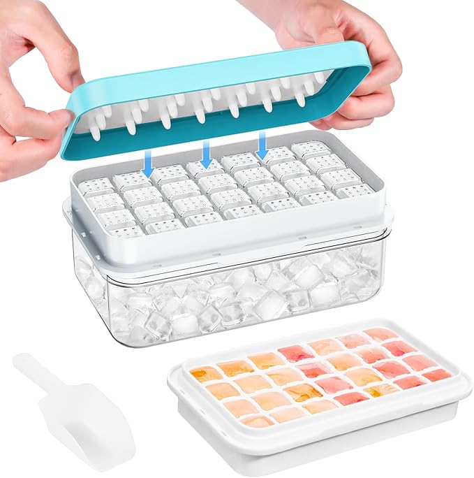 Ice Cube Tray with Lid and Bin, 28 pcs Ice Cubes Molds, Ice Trays for Freezer, Ice Cube Tray Mold, with 1 tray, Ice Freezer Container, Spill-Resistant Removable Lid & Ice Scoop, for Whiskey,Cocktail