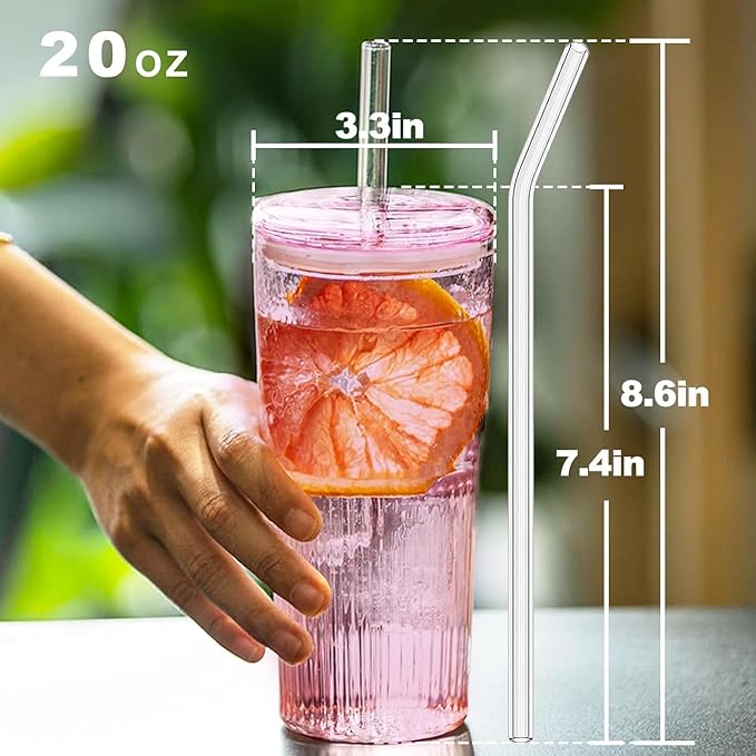 JunVpic Glass Coffee Cups with Lids and Straws, 20 OZ Pink Iced Water Glasses Tumblers for Ice Juice, Tea, Milk, Smoothie and Cold or Hot Drinks, Set of 2