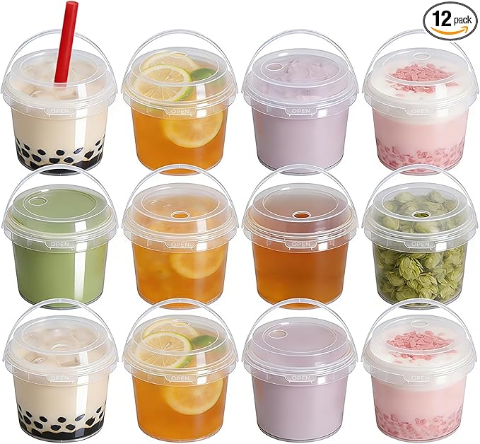 ASEVAT 12 Pack 17oz Clear Plastic Drink Buckets with Dual-Lid System, Reusable 0.5L Cups with Lids and Straws, Leakproof Bucket Cups for Boba Bubble Tea, Smoothies, Iced Coffee