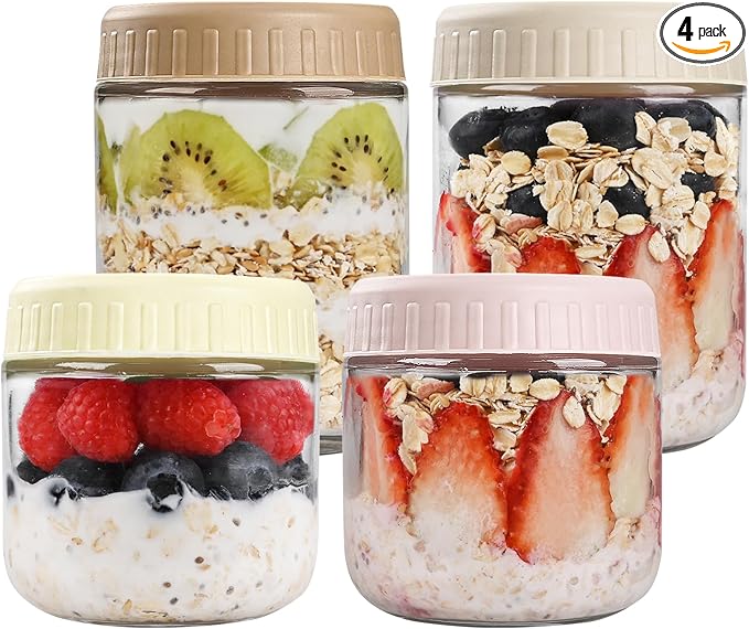 SHOWIN Overnight Oats Containers with Lids, Glass Jars with Lids 4 pcs, Wide Mouth Mason jars for Salad, Yogurt, Snacks, Meal Prep
