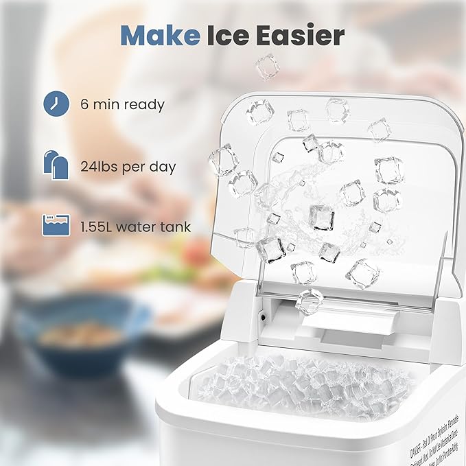 Dumos Nugget Ice Makers,Portable Ice Machine Countertop Ready in 6 Mins, 1.55L Water Tank, Self-Cleaning, for Office, Party, RV, Home, White