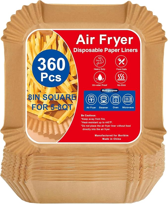 Boribim 8 Inch Air Fryer Paper Liners, 360 PCS Square Air Fryer Disposable Liners - AirFryer Accessories - Non-Stick and Oil Proof Air Fryer Parchment Paper Liners for 5-8QT Basket Oven Microwave