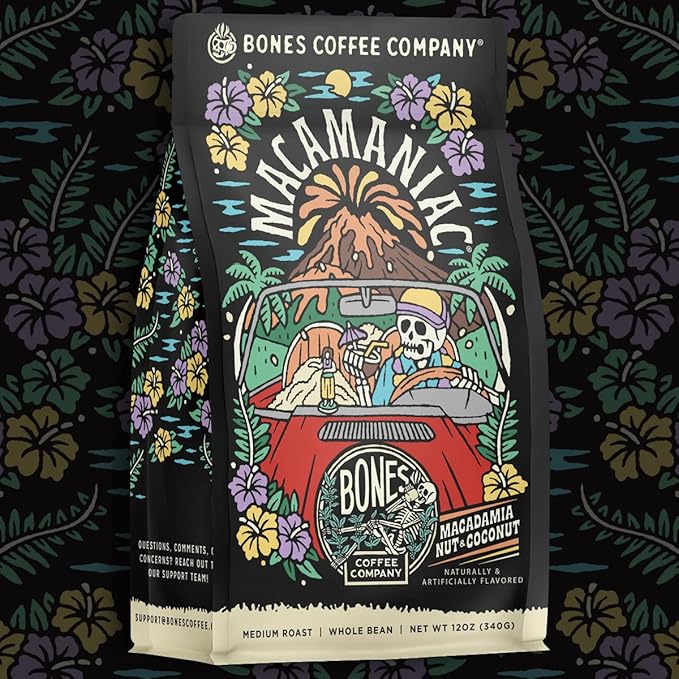 Bones Coffee Company Macamaniac, Macadamia and Coconut Flavored Coffee, Medium Roast Low Acid Arabica Beans Compatible with Auto drip and French Press Coffee Maker, 12 Oz Ground