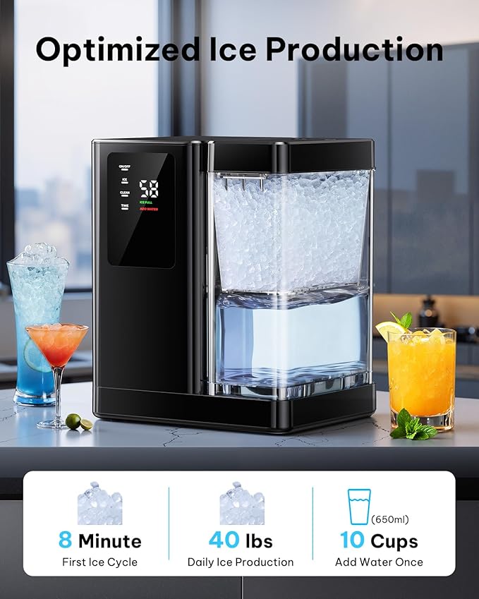 Silonn Nugget Ice Maker Countertop with 3L Detachable Water Tank, 40 lbs/24H Soft Chewable Ice, Self Cleaning Ice Machine with Timer Function, Pebble Ice Maker for Kitchen, Party and Office