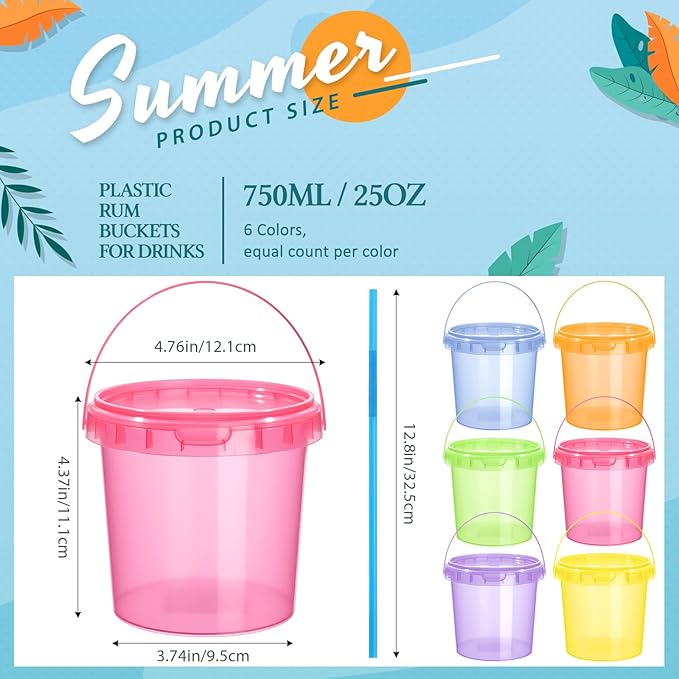 Funnymoom 48 Pack 25 oz Plastic Rum Buckets Bulks for Drinks with Straws Reusable Ice Cream Cocktail Cups Neon Party Bucket with Lids Handles Food Containers Cup for Summer Beach Bar Beer