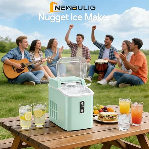 NEWBULIG Nugget Ice Makers Countertop, Portable Nugget Ice Machine, Ready in 6 Mins, 24lbs in 24Hrs, Auto-Cleaning, with Basket and Scoop, for Home, Kitchen, RV, Camping, Green
