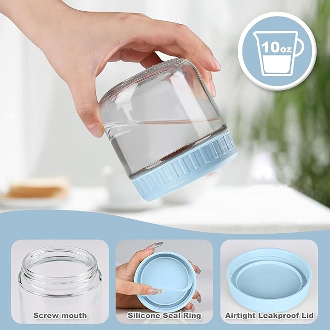 SHOWIN Overnight Oats Containers with Lids, 10oz Glass Jars with Lids 2 pcs, Light Blue, Wide Mouth Mason jars for Salad, Yogurt, Snacks, Meal Prep
