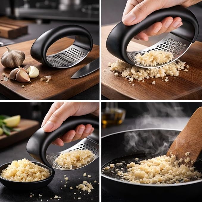 Stainless Steel Garlic Press, Heavy Duty Garlic Crusher Mincer with Ergonomic Handle, Easy Squeeze Garlic Presser for Kitchen Cooking (Black)