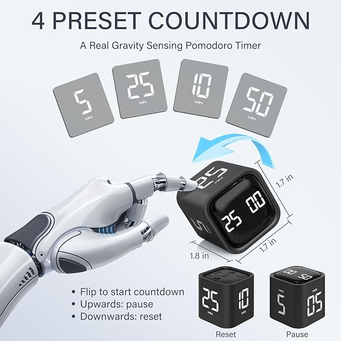 Rotating Pomodoro Timer 5, 25, 10 50 Minutes Preset, Desk Productivity Timer w/Gra vity Sensor, ADHD Tool Cube Countdown, Custom Modes, for Work, Study, Back to School, Kitchen, Black, 2 Pack