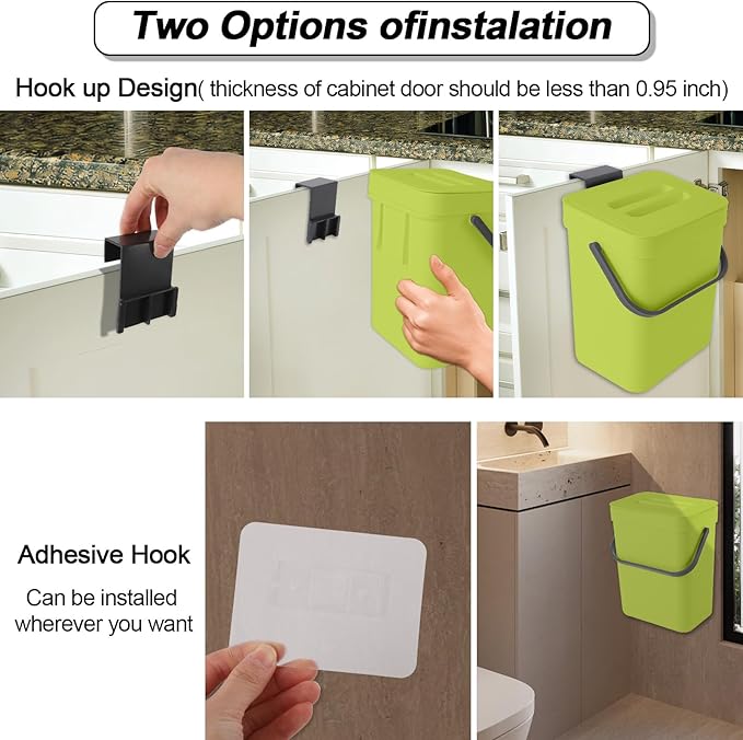 Compost Bin Kitchen, for use on Countertops or Under Sinks, Hanging Trash Can with Lid, for Cupboard/Bathroom/Bedroom/Office/Camping, Mountable Indoor Compost Bucket(Green 1.3 Gallon/5L)