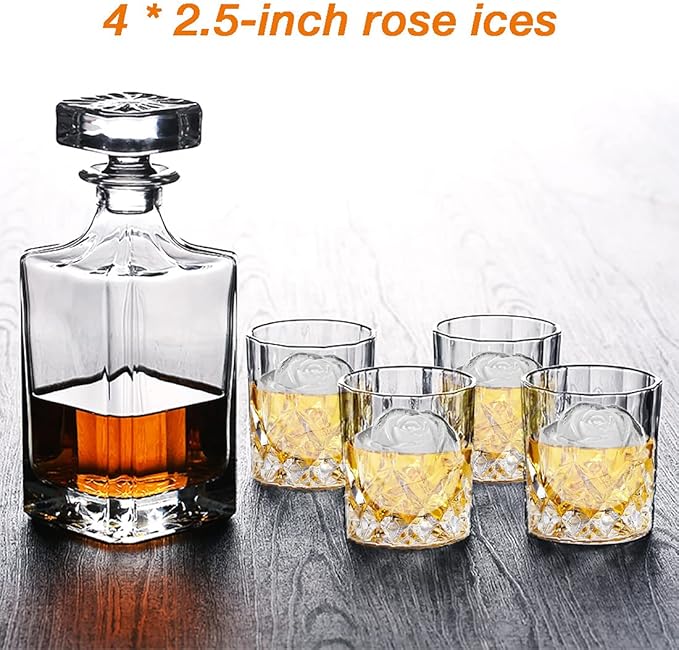 CAMKYDE Rose Ice Cube Tray 2.5 Inch [1 Mold + 1 Funnel + 4 Stoppers], 4 Cavity Silicone Rose Ice Cube Mold for Whiskey, Chilling Cocktails, Bourbon, Juice (Blue)