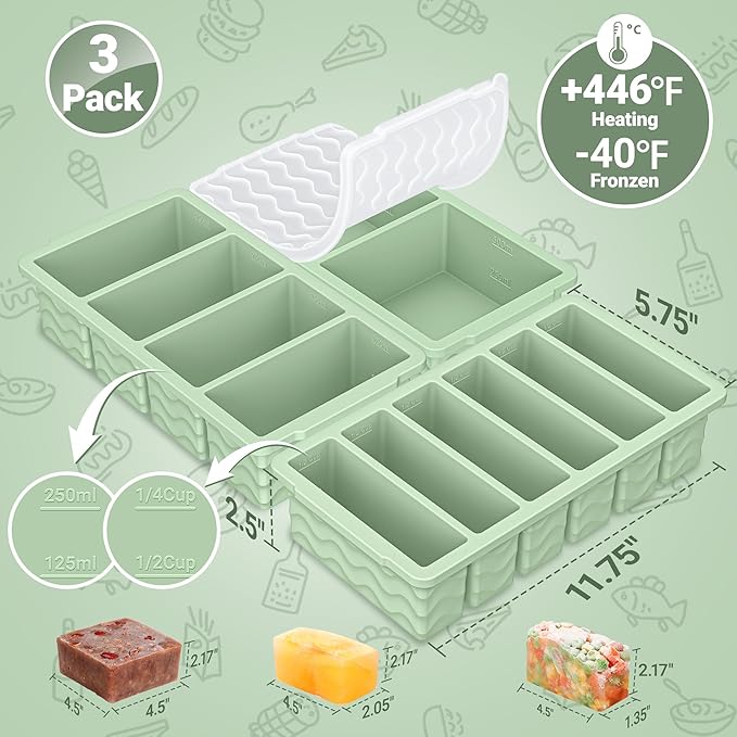 3-Pack Silicone Freezer Trays with Lid,2 Large 2-Cup(500ml)&4 Medium 1-Cup(125ml)&6 Small 1/2-Cup(75ml) Soup Freezer Container Molds,Ice Cube Tray For Meal Prep&Freezing Soup,Stews,Sauces