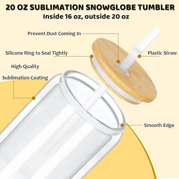 20 Oz Snow Globe Tumbler, 4 Pack Pre-Drilled Sublimation Glass Cup For Glitter Snow Globe Diy, Double Wall Sublimation Glass Tumbler