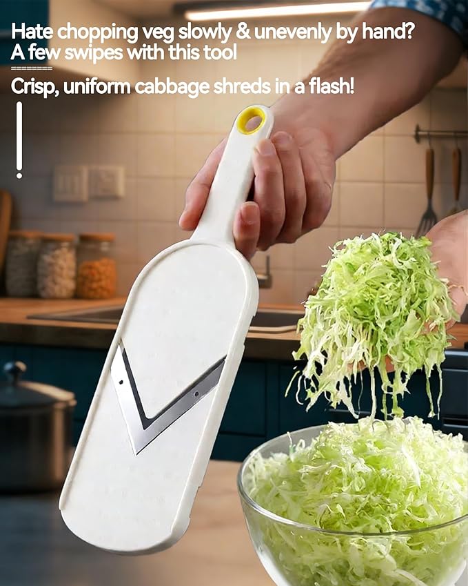 Handheld Mandoline Slicer for Kitchen - Stainless Steel V-Blades with Food Holder & Cleaning Brush, Comfort Grip, Easy to Clean, Vegetable Chopper Cheese Grater for Potato Chips Cucumber Onion Salad