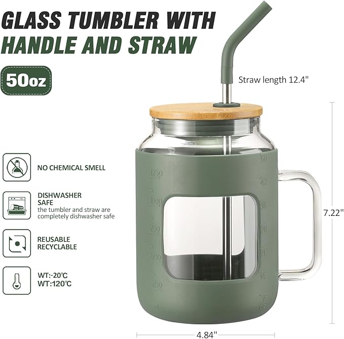 WINSA 50 oz Glass Water Bottles with Silicone Sleeve,Glass Tumbler with Lid and Straw,Iced Coffee Cup with Handle,BPA Free-Olive