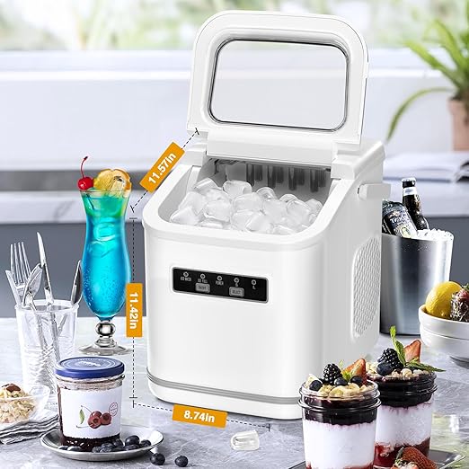 Ice Maker Countertop, Portable Self-Cleaning Ice Machine with Ice Scoop and Basket,9 Cubes in 6 Mins, 26.5lbs/24h,2 Sizes of Bullet Ice Cube for Home Kitchen Office Bar Party(White)