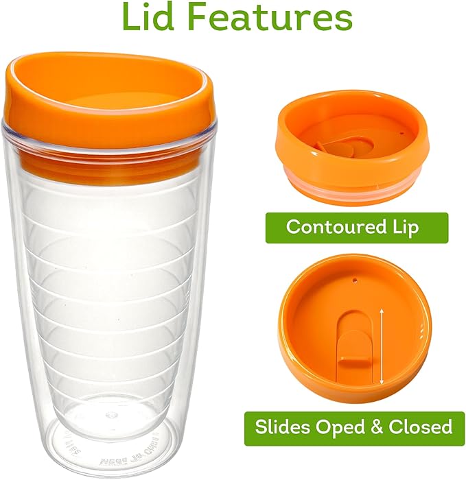 Lily's Home Set of 4 Double Wall 16oz Travel Cups with Multi-Color Lid, Reusable Insulated Plastic Tumblers, BPA Free, Handwash Only - Perfect for Iced Coffee and Cold Drinks, Indoor/Outdoor Use