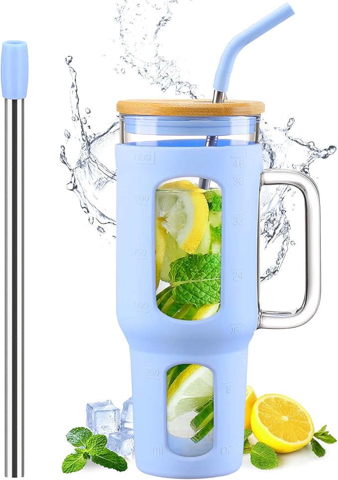 WINSA Glass Tumbler with Lid and Straw, 46 oz Iced Coffee Cup with Handle, Large Water Bottles with Silicone Sleeve, Glass Cup with Straws - Pearl Straw & Drinking Straw BPA Free-Glacier