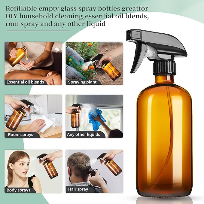 GIVAMEIHF 16oz Amber Glass Spray Bottles,1 Pack Glass Spray Bottles Refillable Empty Bottle with Adjustable Nozzle,Spray Bottle for Essential Oils,Cleaning,Pets,Hair Mister