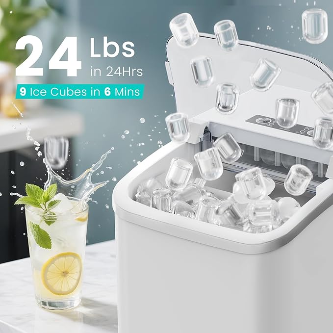 OLIXIS Ice Maker Machine with Handle,26lbs in 24Hrs,9 Ice Cubes in 6 Mins,Auto-Cleaning Portable Ice Maker with Basket and Scoop, Countertop Ice Maker for Home, Kitchen, Camping, RV - Sleek White