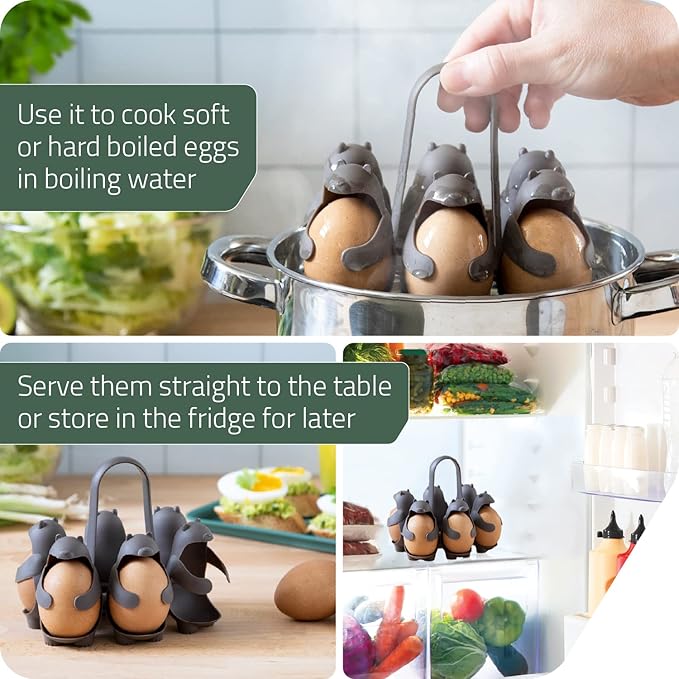 PELEG DESIGN Eggbears 3-in-1 Cook, Store and Serve Egg Holder, Bear-Shaped Boiled Egg Cooker for Making Soft or Hard Boiled Eggs, Eggies, Holds 6 Eggs for Easy Cooking and Fridge Storage