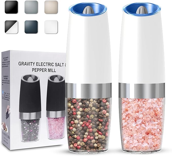 UNNEES Gravity Electric Salt and Pepper Grinder set of 2, Automatic Salt And Pepper Grinder Set, Adjustable Roughness, Battery Powered, LED Light, 2 Pack, (White)