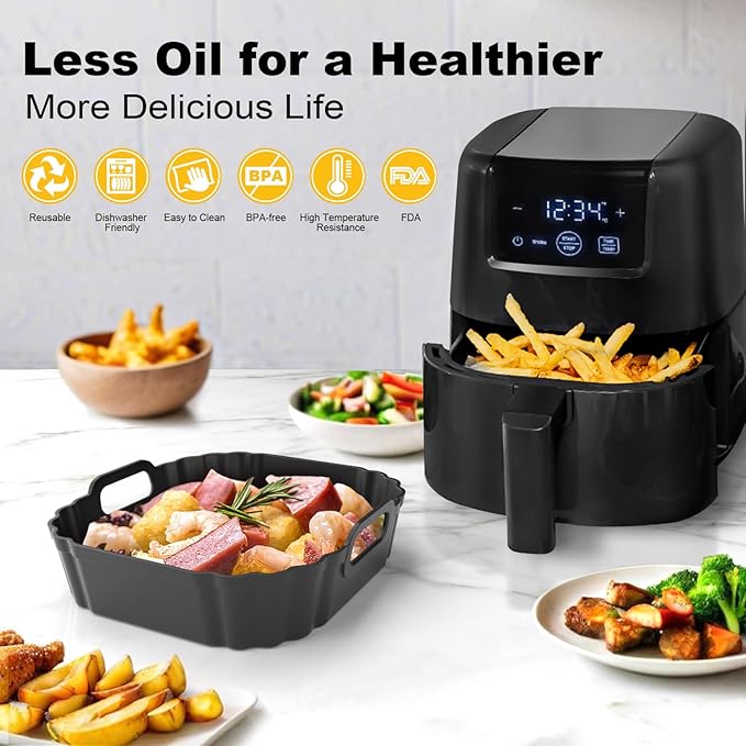 6.2-Inch Small Mini Square Silicone Air Fryer Liners 2 Pack for Chefman Mini, DASH, COSORI, COMFEE, Instant, DEIME for 2qt 2.1qt 2.6qt 3qt Reusable Basket Trays, Airfryer Accessories