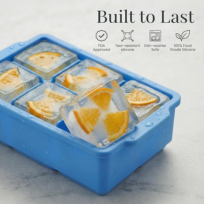 KitchFort Large Silicone Ice Cube Tray (3-Pack), Easy Release 2" Big Ice Cubes - Cocktail, Whiskey Ice Cubes Mold - Ice Trays for Freezer with Lid - Stackable Silicone Ice Tray - Blue