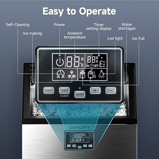 EUHOMY Commercial Crescent Ice Maker Machine,Moon-Shaped Ice,100lbs/24H Stainless Steel Under Counter Ice Machine with 33lbs Storage Bin, Freestanding Crescent Ice Maker for Home/Bar/Cafe/Restaurant