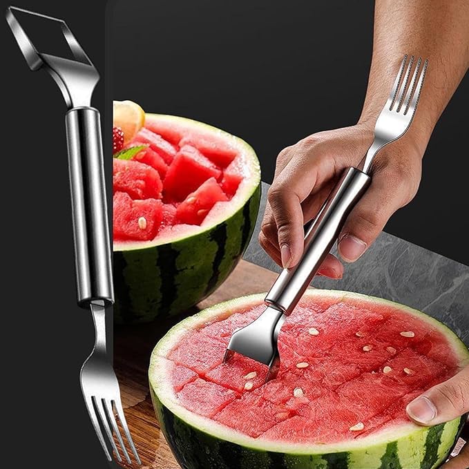 2-in-1 Watermelon Slicer & Fork, Watermelon Fork Slicer Cutter, Stainless Steel Fruit Cutter Tool for Watermelon, Mango, Pitaya,Portable for Camping, Picnics, Home, Parties (Sliver)