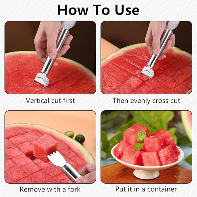 2-in-1 Stainless Steel Fruit Cutter, Watermelon Fork Slicer Tool, Watermelon Slicer and Fork, Dual Head Knife with Round Handle for Kitchen Fruit Cubes (3Pcs)