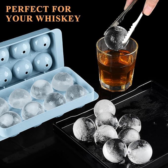 Round Ice Cube Mold,8 PCS x 1.8 in Whiskey Ice Cubes,Circle Ice Cube Tray with Lid,Large Ice Ball Maker Mold Sphere Ice Cube,Large Ice Cube Molds for Cocktails,Coffee(Round Ice Cube Mold,Blue)