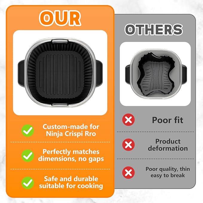 Dreamtop 2 Pack Silicone Air Fryer Liners for Ninja Crispi Pro AS101CY - Reusable Non-Stick Square Silicone Mats for 6 QT & 2.5 QT Glass Container, Air Fryer Baskets Liners, Dishwasher Safe