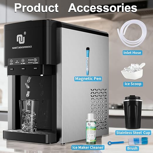 NUNET 3-in-1 Water Bottle Bottom-Loading Ice Dispenser Water Cooler Crusher, Built-in 6L Water Tank, Produces 44lbs Bullet Ice/Shaved Ice Daily, 4 lbs Ice Storage (NOT for Water Line)