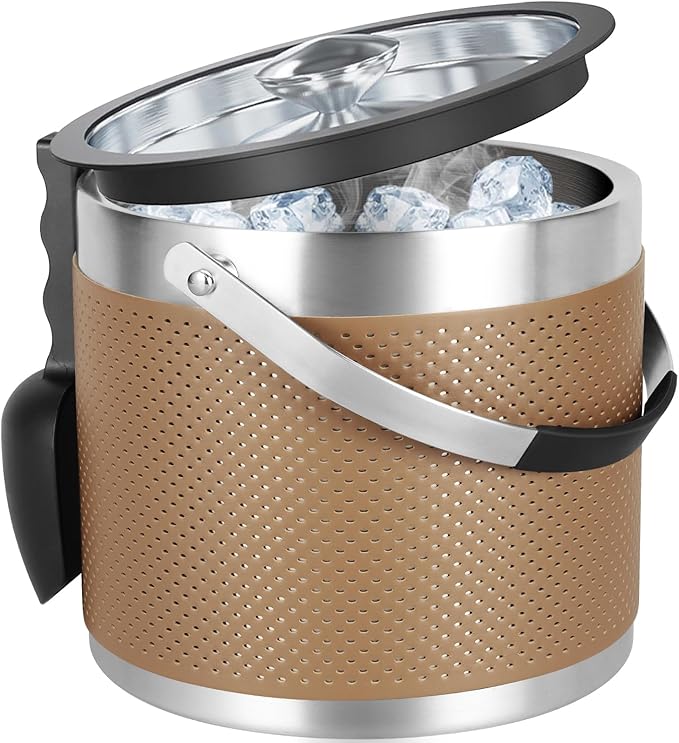 3Quart/3.2L Insulated Ice Bucket with Lid, Scoop, Leather Design Double Wall Stainless Steel Ice Bucket for Cocktail Bar, Parties (Brown)