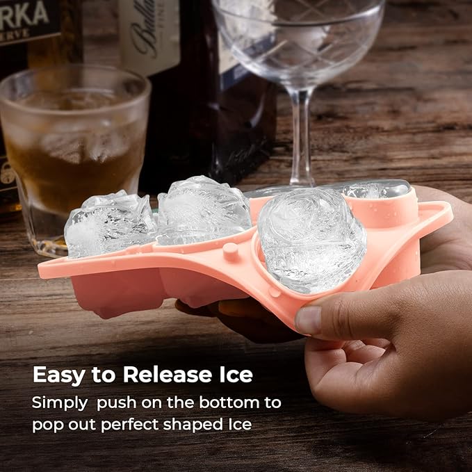 3 Rose & 3 Heart Shaped Ice Cube Tray, MEETRUE Silicone Ice Cube Tray with Clear Funnel-type Lid Novelty Rose Ice Cube Mold Ice Ball Maker Mold Ice Tray for Cocktails Whiskey Chilled Drinks,Pink
