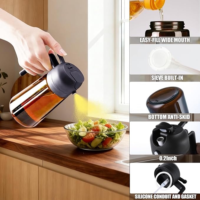 OURCABECUE 2 in 1 Olive Oil Sprayer for Cooking, 16oz/470ml Light-Blocking Dark Olive Oil Dispenser Bottle for Kitchen, Food-Grade Glass Oil Mister with 8 Oil Stickers