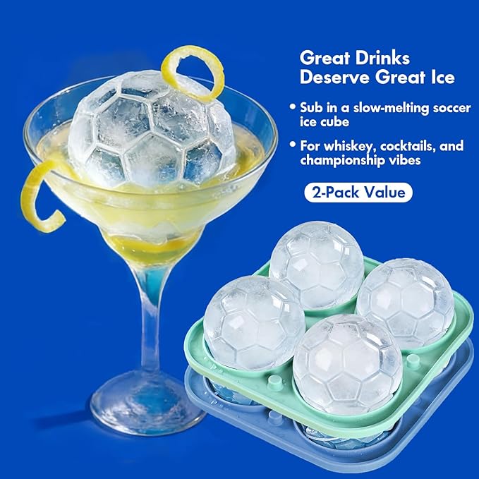 2 Pack Soccer Ice Cube Molds - Large 2.3" Silicone Soccer Ball Ice Mold for Game Day Parties (Mist Green/Lake Blue)