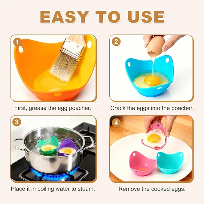 uxcell 8 Pack Egg Poacher, Nonstick Silicone Egg Poacher Cups Poached Cups Kitchen Breakfast Gadget for Microwave Air Fryer Stove Top Cooking Boiled Poached, Purple